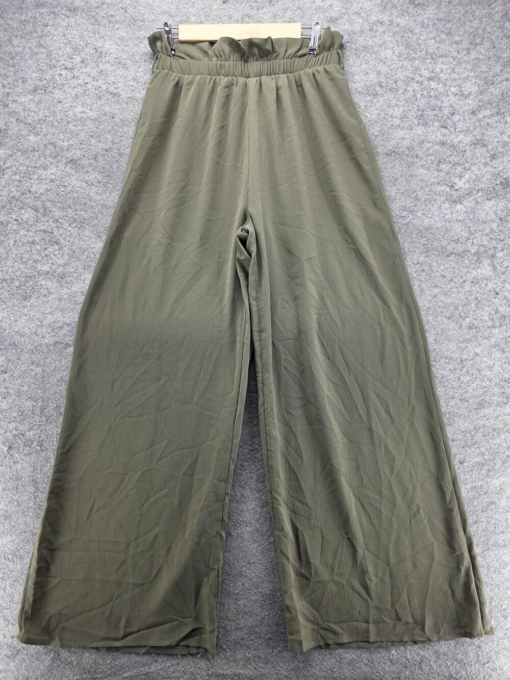 Gilli Pants Womens L Green Paperbag Wide-Leg Crepe Belted Elastic 30.5 In